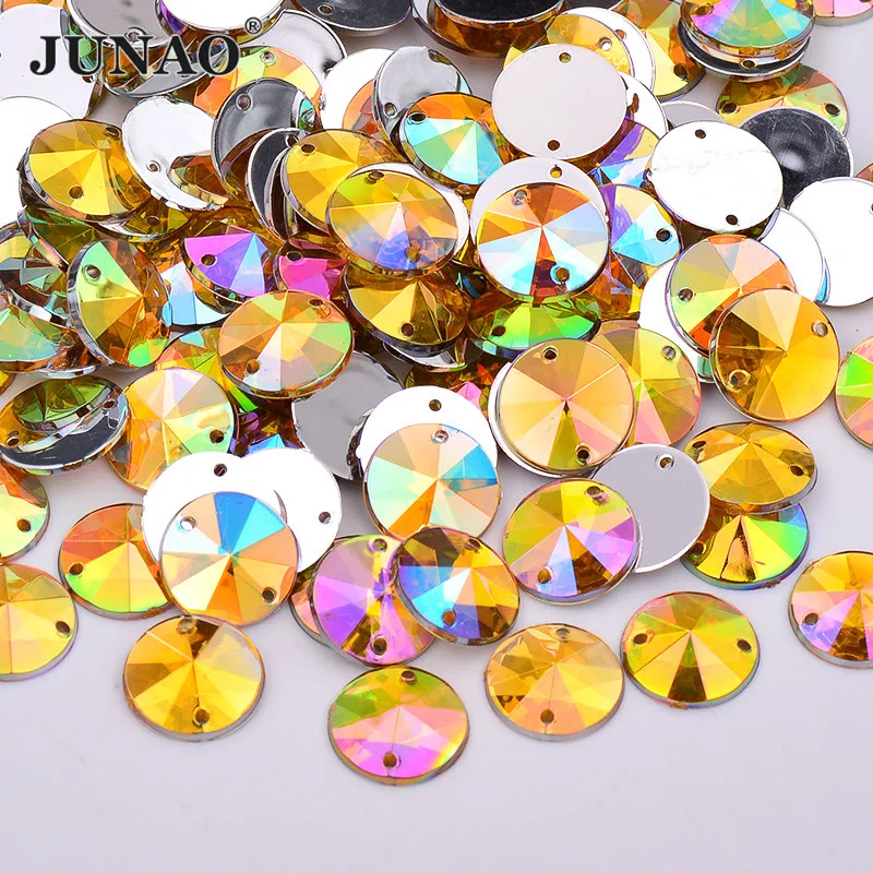 

JUNAO 1000pcs 10mm Yellow AB Rivoli Sewing Rhinestones Round Acrylic Crystal Strass Flat Back Sewn Stones Decoration Applique