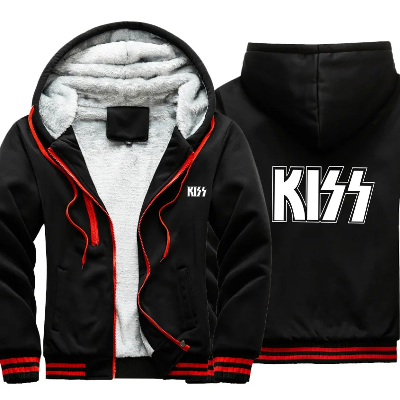 

KISS Rock Hoodies Men Hip Hop Winter Warm Fleece Long Sleeve Hooded Sweatshirt Winter Thick Zipper Jackets Cardigan Streetwear
