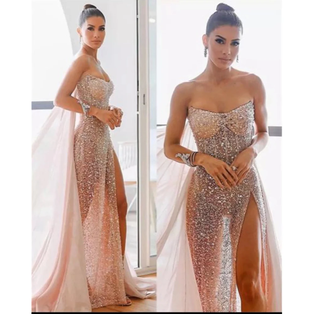 

Sexy A-Line High Slit Glitter Prom Dress Sweetheart Sequined Evening Dress 2022 Plus Size Long Party Dress Customized