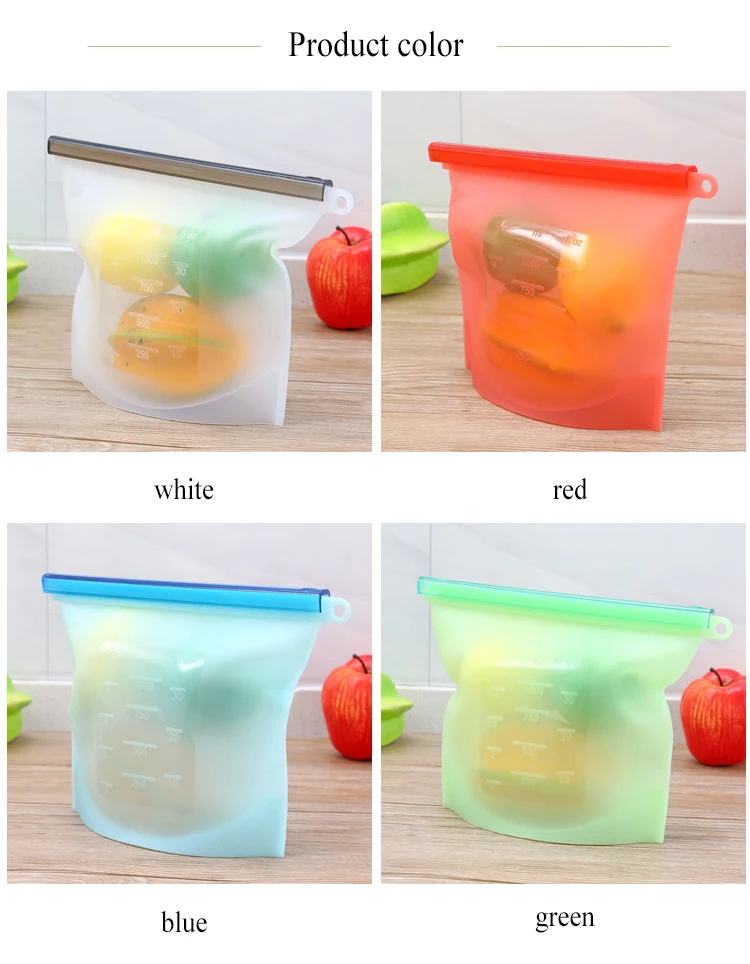 Reusable silicone food bag Silicone ziplock bags Refrigerator food freezer bags 1000ml milk fruit meat fresh sealed storage bags