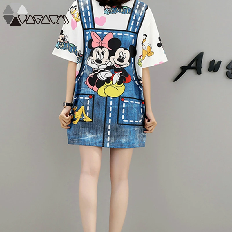 

Mini Dresses 2021 Minnie Mickey Mouse Tshirt Dress Summer Fake Two Pieces Cartoon Fashion Loose Vestidos Cute Female Dresses