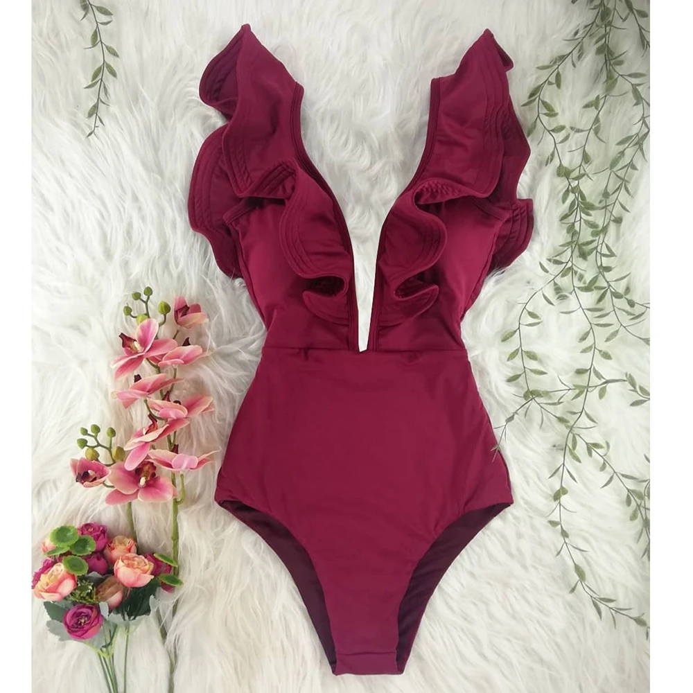 

2021 New Print Swimwear Deep V-neck Ruffle Swimsuit Push Up One Piece Swimsuit Beach Wear Backless Monokini