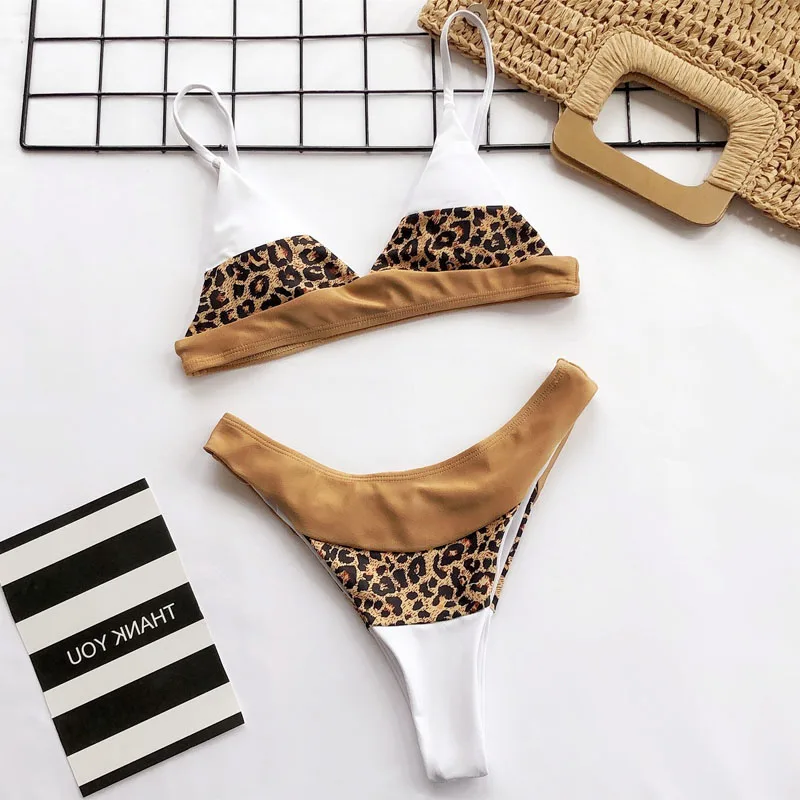 2019 женские бикини с высокой талией леопардовая Лоскутная купальная одежда
