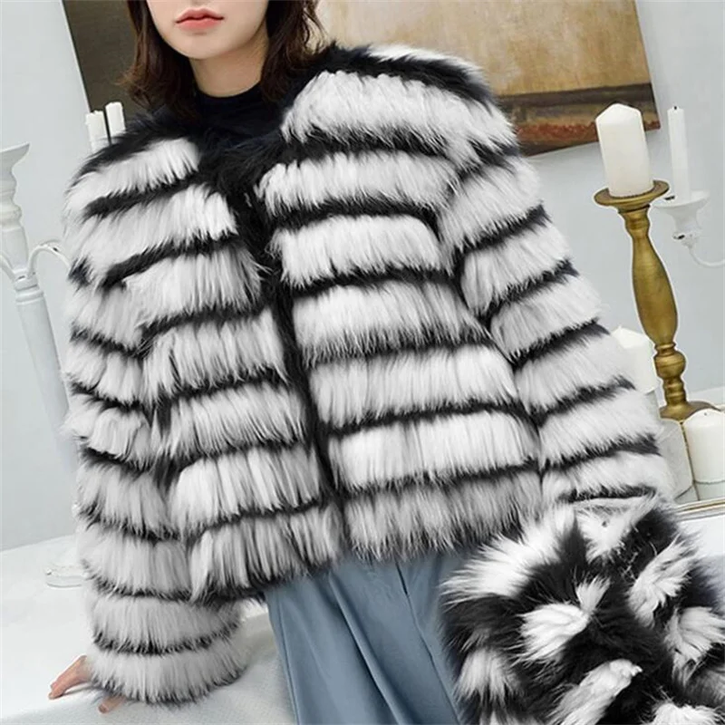 New ladies fur coat womens stripe imitation fox fur cropped top jacket casual top large thin autumn winter плюшевая куртка