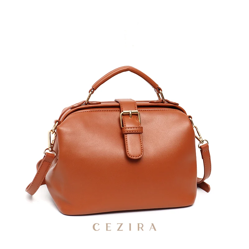 

CEZIRA Luxury Vintage Vegan Leather Shoulder Bags For Women Casual Crossbody Doctor Handbags Female Small Retro PU Frame Purses