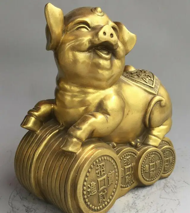 

7" Chinese old antique bronze brass auspicious Zodiac pig copper coin statue