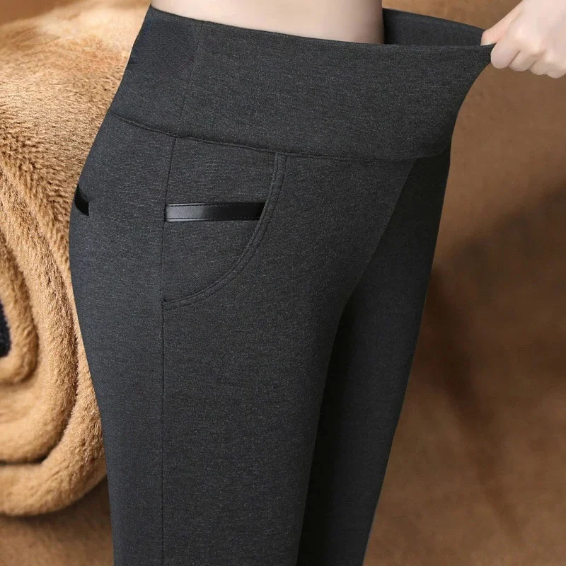 

Women Winter Warm pants Velvet Thick Trousers High Waist Elastic Middle aged Mother Stretch Straight Pants 2022