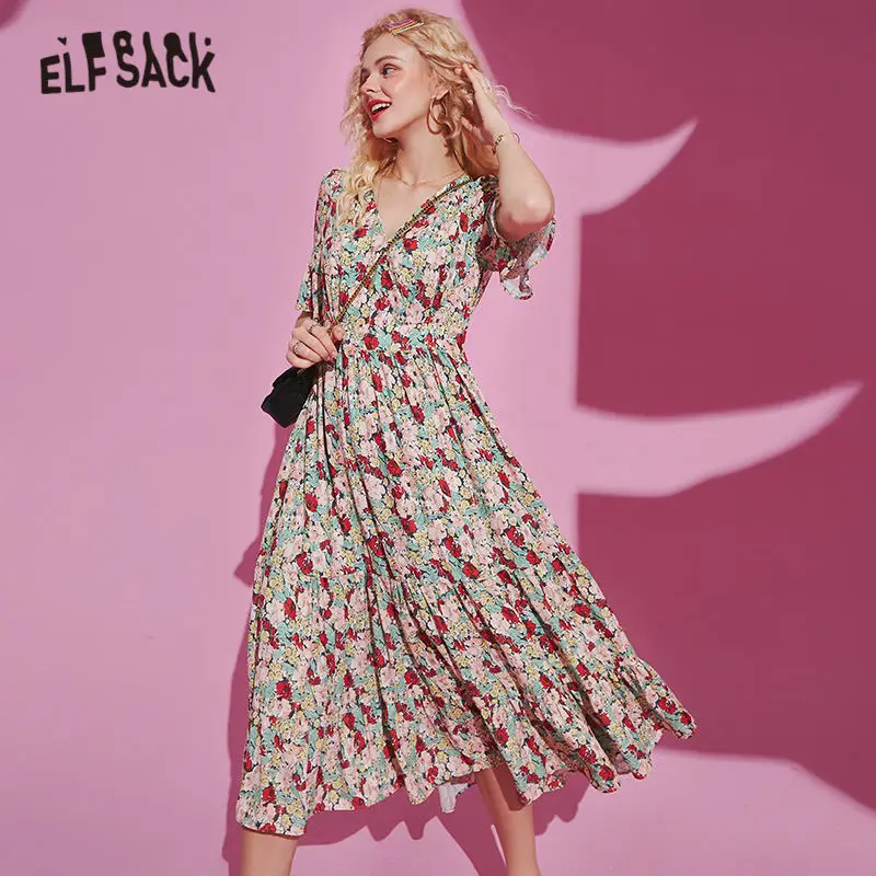 ELFSACK Multicolor Disty Floral Print Casual Midi Chiffon Dresses Women 2020 Summer ELF High Waist Korean Ladies Holiday Dress | Женская
