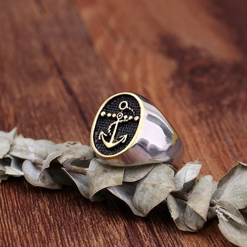 Стиль Новинка В стиле ретро Черный Viking с принтом &quotякорь&quot Кольцо мужское