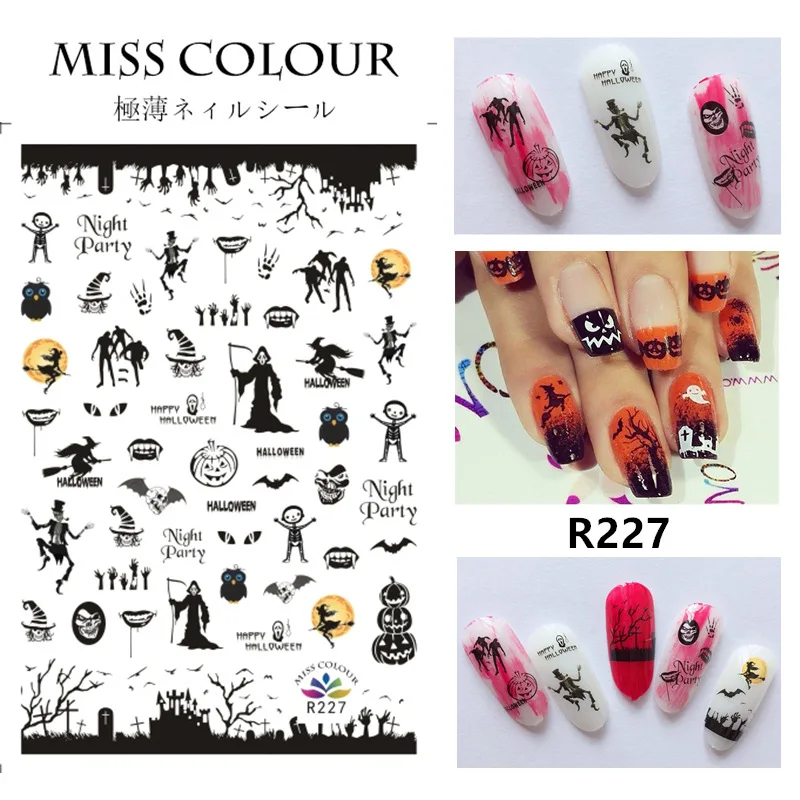 

1Sheet Halloween Style Adhesive Nail Slider Stickers Mixed Pumpkin Skull Flower Decorations Super Thin Wraps DIY Nail Art Decals