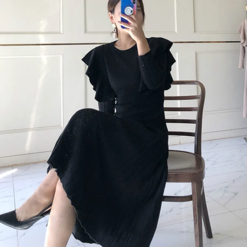 

Autumn Winter Elegant Women Knitted Maxi Dress Ruffles Long Sleeve Solid Sweater Dresses Ladies Chic Korean Pleated Vestidos