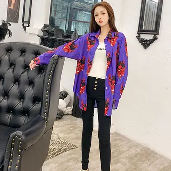 Hot 2019 Cartoon Print Casual Shirt Loose Single-breasted hip hop streetwear Lapel Blouse Full Printing Long Sleeves Fashion 1