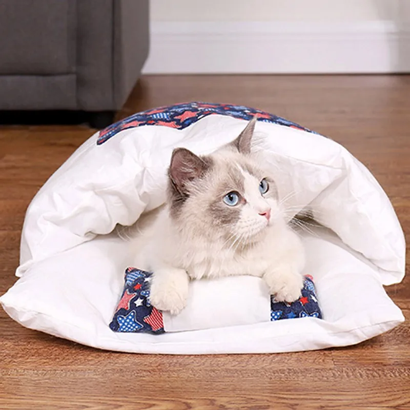 

Pet Supplies Cat Bed Autumn Winter Warm Removable Washable Closed Nest Sleeping Bag Plush Lovely Print House Soft Mat Home