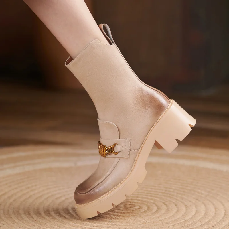 

Women's Antumn Cow Genuine Leather Metal Decoration Zip Ankle Booties Square Toe Low Heels Short Boots Shoes Woman