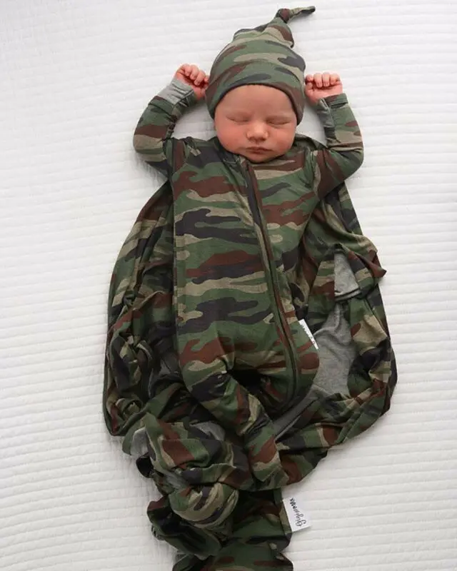 

AU Newborn Baby Boy Girl Winter Clothes Camo Zipper Bodysuit+Headband+Hat
