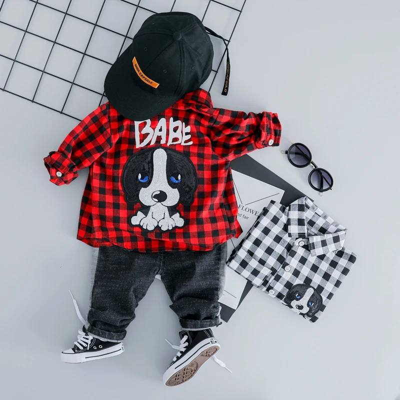 Spring Autumn Baby Girls Boys Clothing Sets Lapel Plaid Shirt Jeans Kids Cartoon Children Costume Infant Leisure Clothes Suits | Детская