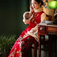 red long qipao embroidery cotton chinese dress hanfu women traditional robe orientale retro new years clothing cheongsam winter
