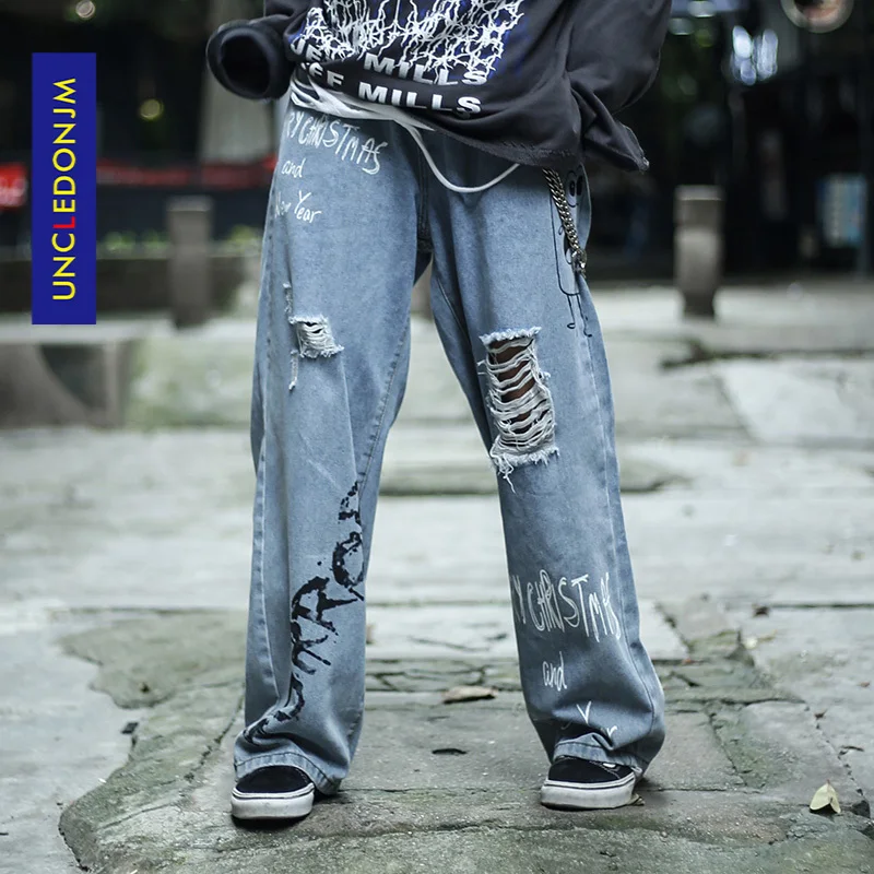 

Graffiti Print Casual Baggy Damaged Denim Jeans Hip Hop Hipster Streetwear Pants Men Destroy Punk Rock Trousers Male AN-C026