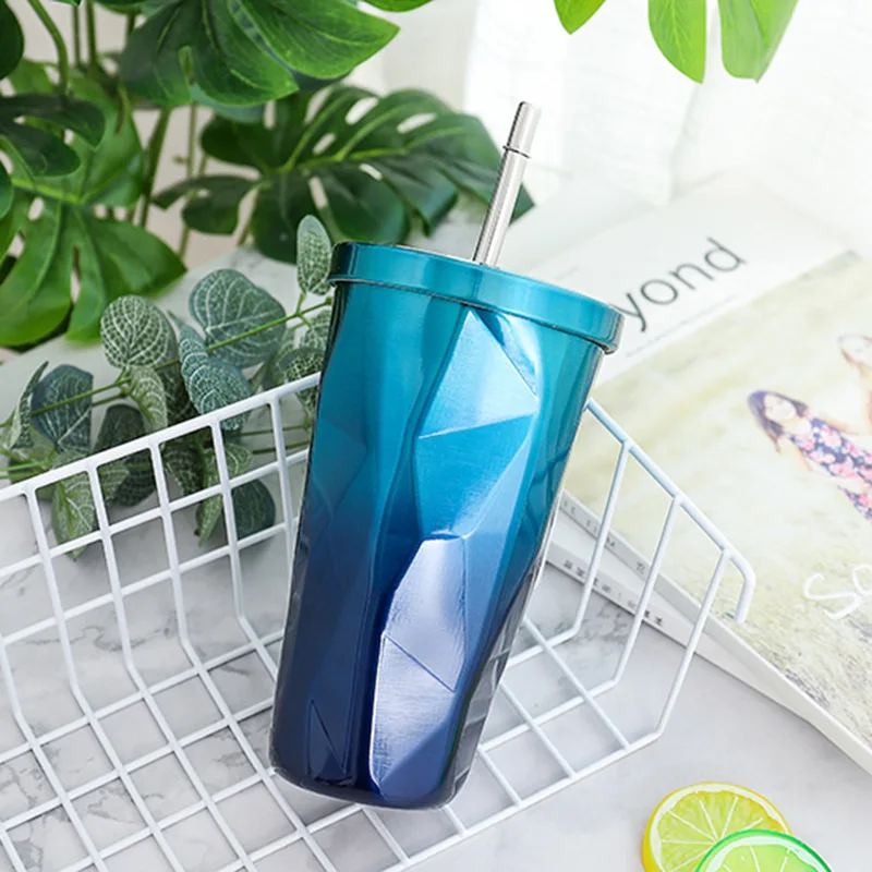 550ml Gradient Color Thermos Mug Irregular Coffee Cup with Lid Stainless Steel Vacuum Flask Creative Straw Thermal Bottle | Дом и сад