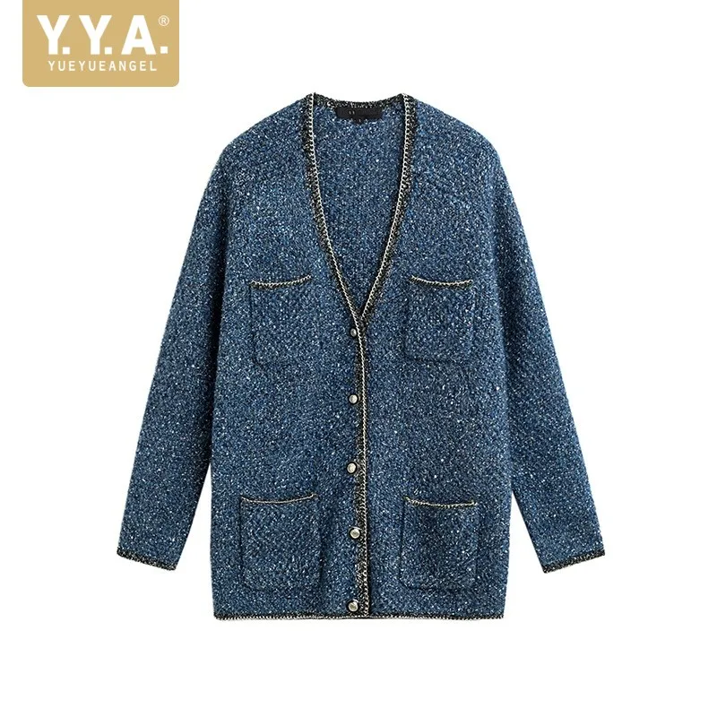 

Vintage Outerwear Women Knitted Cardigan Jacket V Neck Fashion Sequined Chain Tweed Jackets Single Breasted Loose Casual Coat
