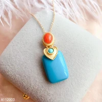 kjjeaxcmy fine jewelry 925 sterling silver inlaid natural blue turquoise agate female miss girl woman pendant necklace popular