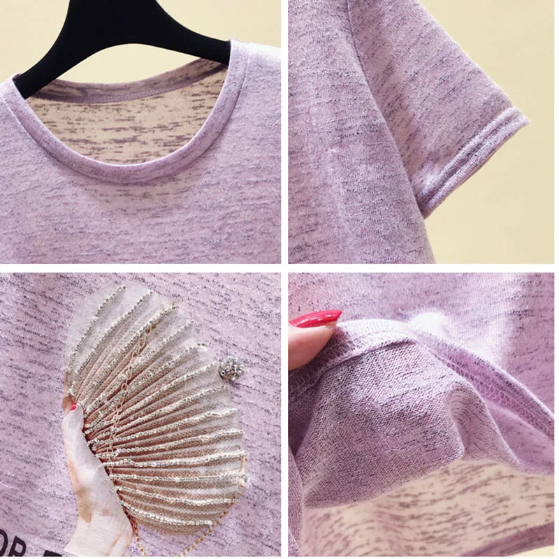 

Shiny Lurex Summer Diamond Letter T shirt Women Pink Tee Shirt Femme Plus Size T-shirt Female Short Sleeve White Tshirt Tops