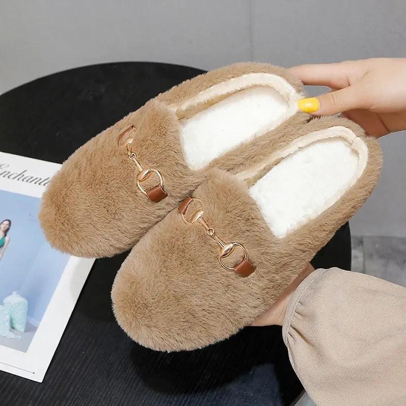 

Slippers Women Fur Metal Buckle Flat Round Toe Black Khaki Shallow Slip-on Soft Sole Warm Comfortable Outdoor Furry Slippers