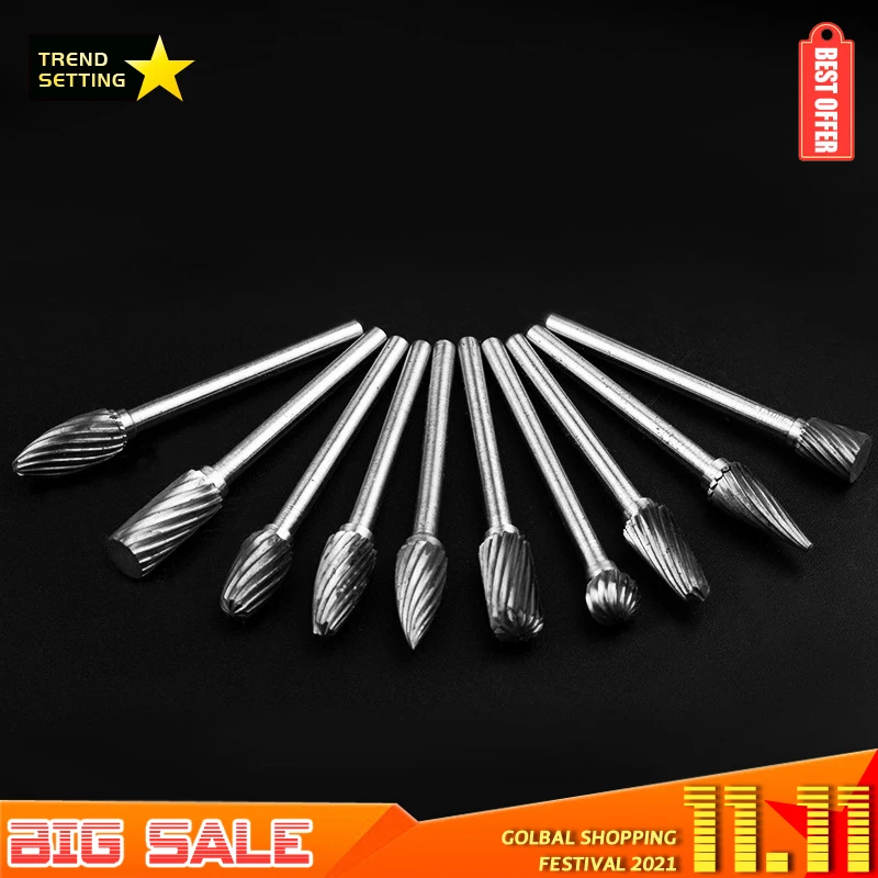 

Mini 10pcs Tungsten Carbide Drill Bits Set Stable Metal Burr Milling Cutter Accessories Cone Double Diamond Cut Polishing Tools