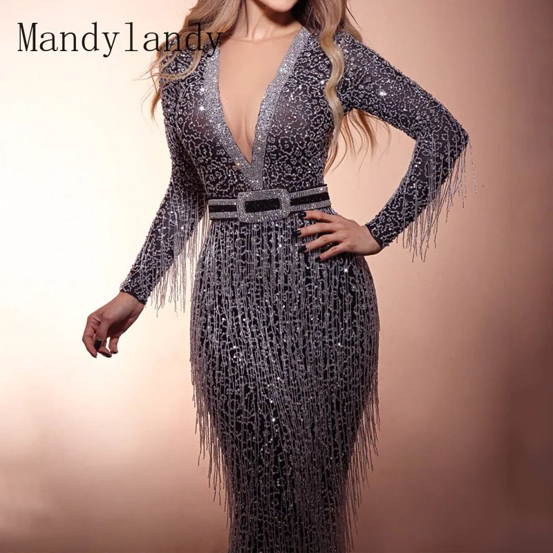 

Mandylandy Women Elegant Sequins Tassel Evening Party Dress Ladies Sexy Long Sleeve V Neck Long Prom Gown