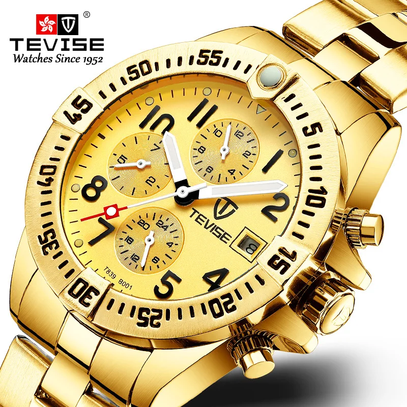 Tevise золотые кварцевые часы модные роскошные Для мужчин Мужские автоматические