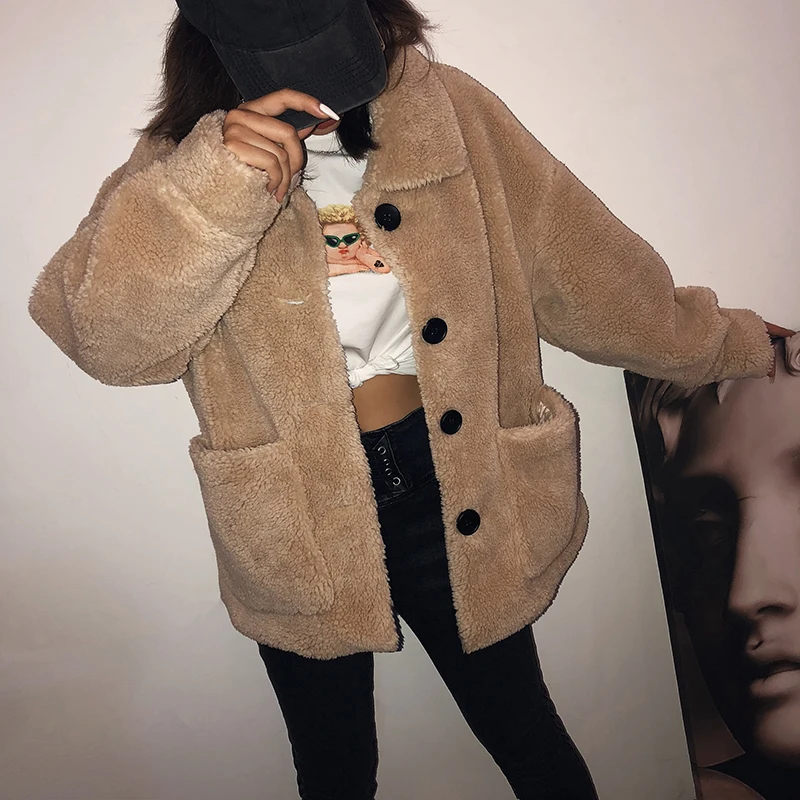WannaThis/Зимние плюшевые пальто для женщин, пальто из искусственного меха, плюшевая куртка Медвежонок на пуговицах, Толстая теплая флисовая куртка, пушистые куртки, пальто