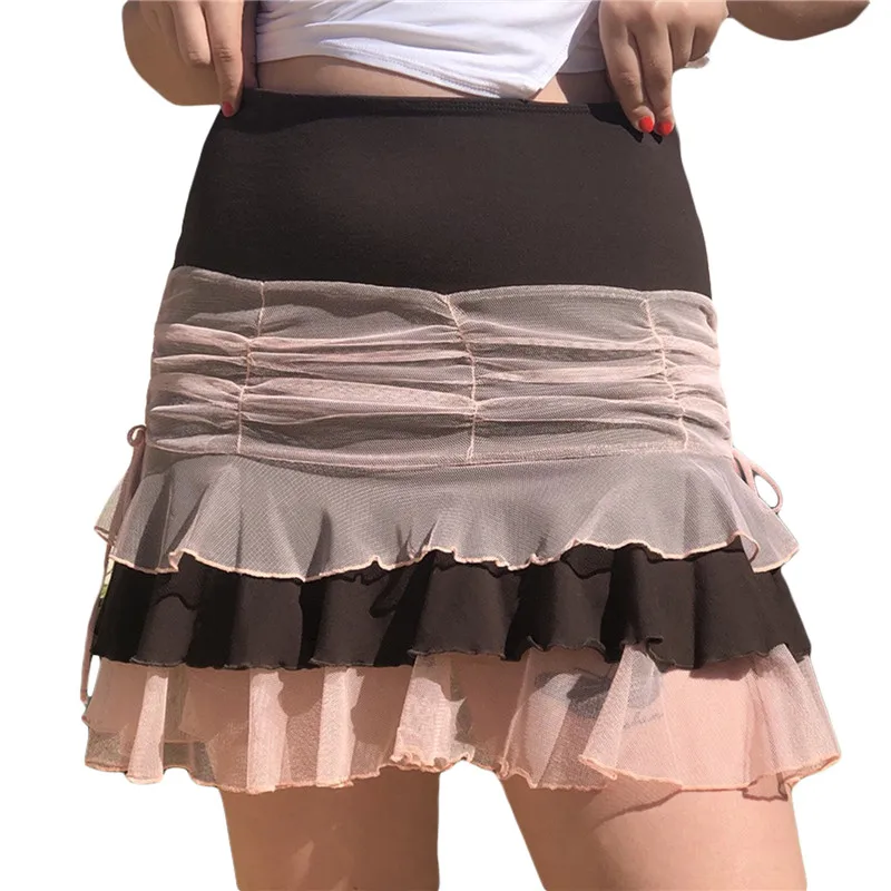 

hirigin Summer Women's Mesh Patchwork Layered Ruffle Ruched Bodycon Mini Skirt 2021 Fashion Street Club High Waist Mini Skirt