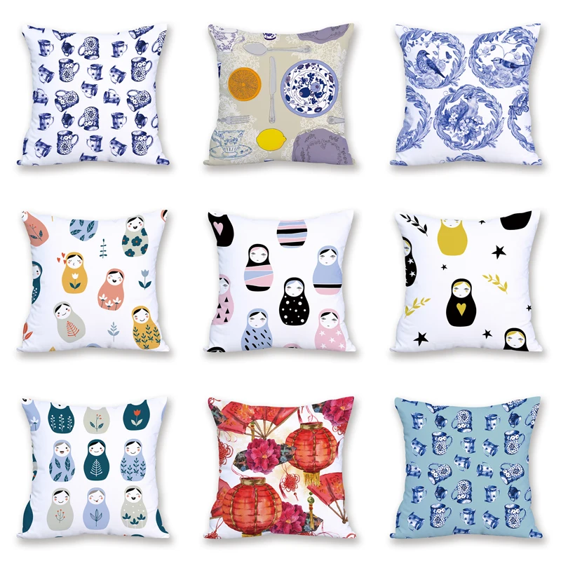 Подушка в китайском стиле синяя и белая фарфоровая печатная на заказ