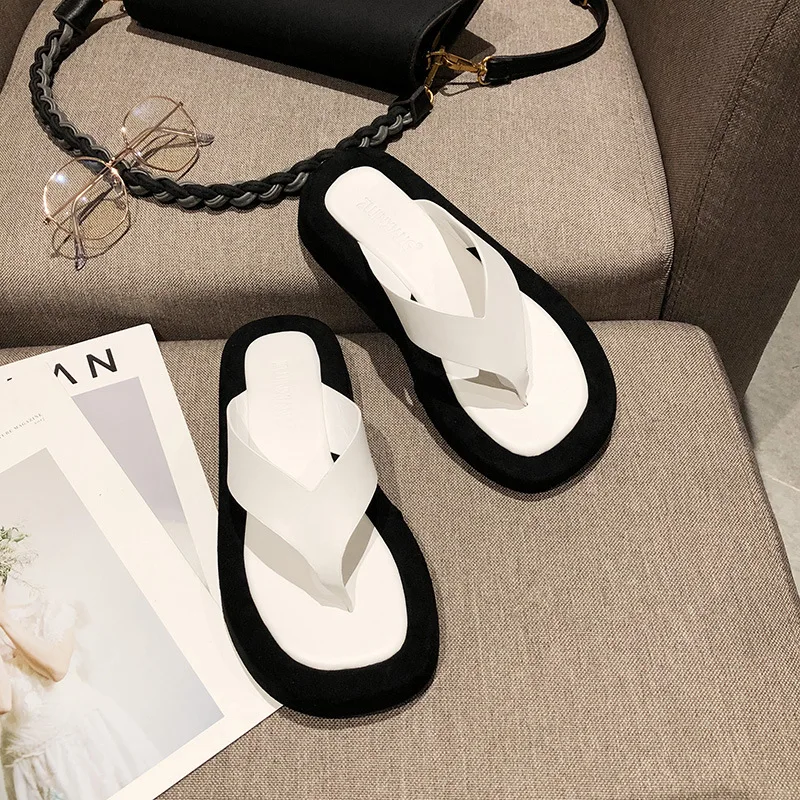 Women's New Black/white Mixed Color Thick-soled Flip Flops Women's Shoes Flip Flops Thick-soled Non-slip Slippers Beach Shoes