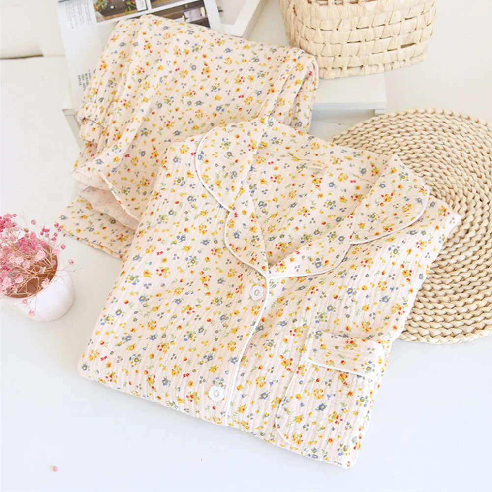 

Fdfklak Small Floral Print Sleepwear Female Tops+Pants Nighties Pijama Suit 2022 Spring Autumn New Long Sleeve Home Clothes