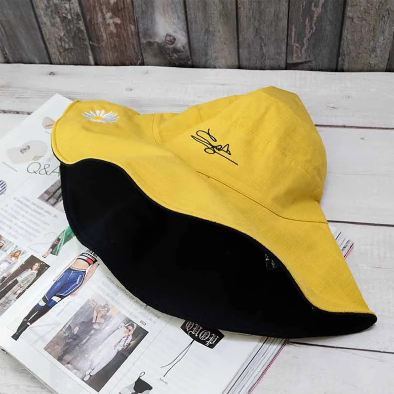 Spring Summer Autumn Sun Hat Polyester Bucket Hat Women Panama Double-sided Chrysanthemum Embroidered Hat Daisy Fisherman Hat