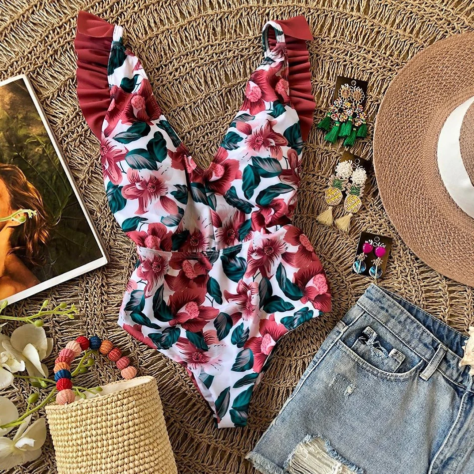 2021 Новое поступление цельный купальник в горошек Женские Купальники с цветочным