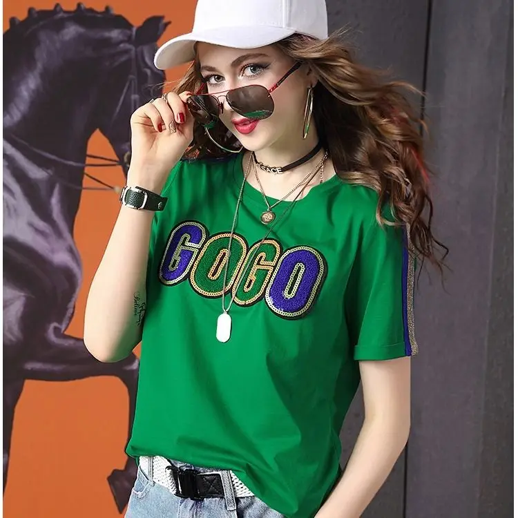 

Europe station 2021 summer new fashion embroidery versatile letter Sequin splicing short sleeve T-shirt for women