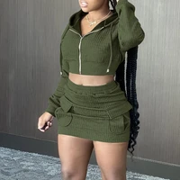 2021 new pure color knitted thick zipper hoodie and mini skirt suit womens long sleeved pocket casual home wear winter warmth