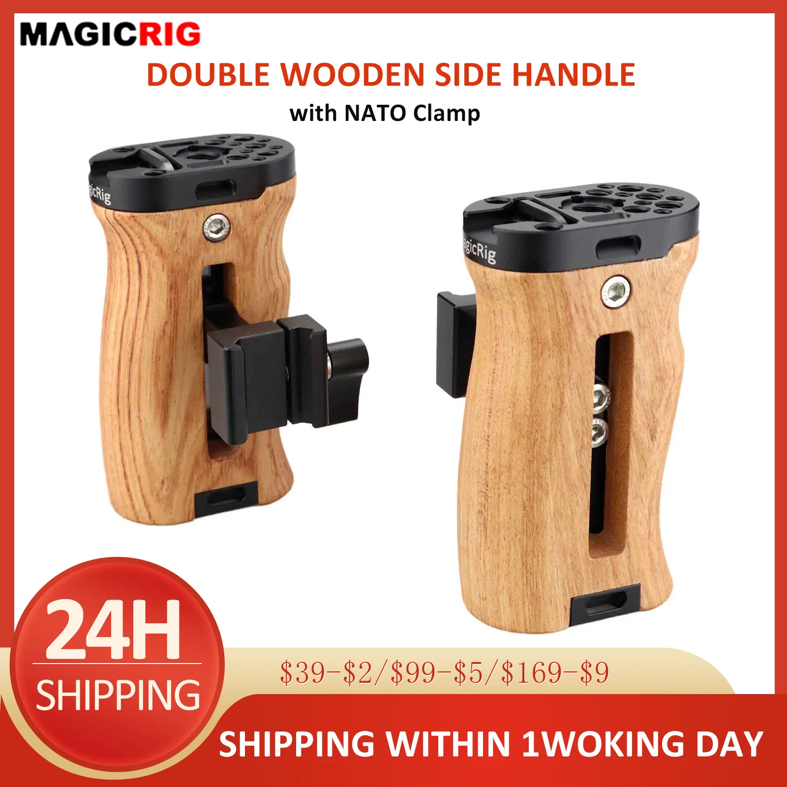 

MAGICRIG Adjustable Wooden Side Handle with NATO Clamp with Cold Shoe for BMPCC 4K /6K Camera Cage-2PCS