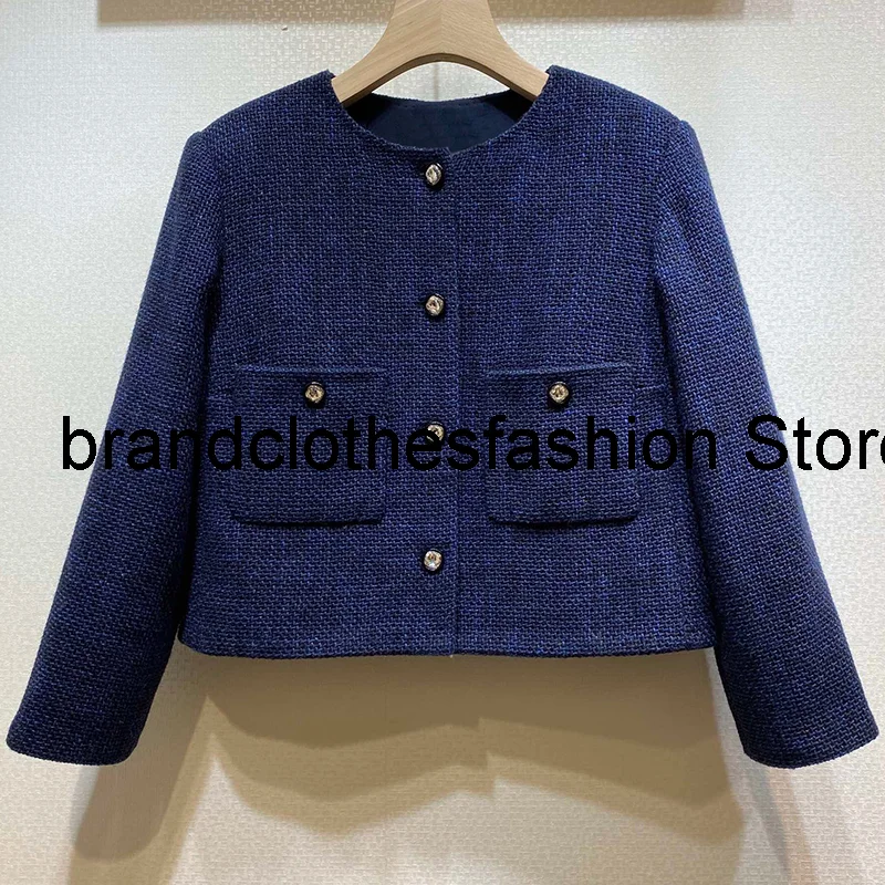 

2021 Autumn Winter Fashion Blue Slim Wool Tweed Jacket Women Top Quality Silk Liner Outerwear O-Neck Crystal-Buttons Coat Lady