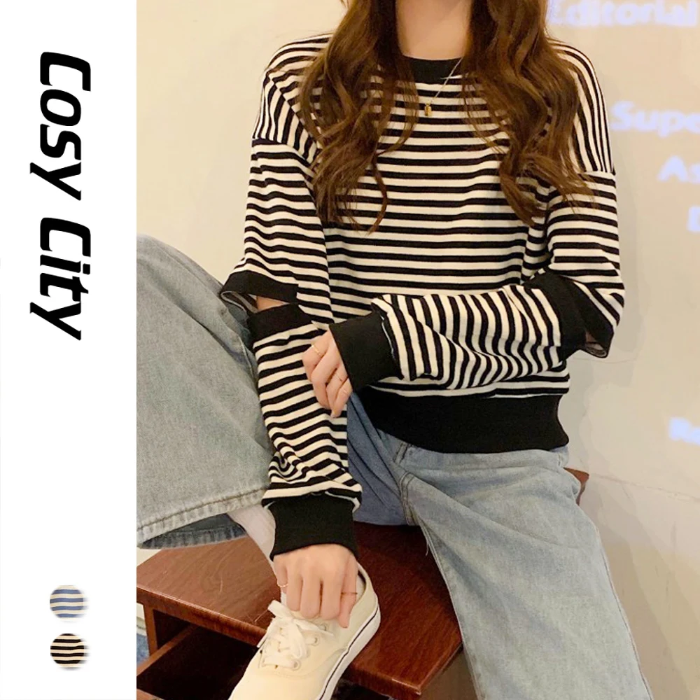 

Korean Fashion Striped Hoodies Women Sweatshirt Female Pullovers Autumn Elbow Cut Out Kpop Sweater Crewneck Long Sleeve Top