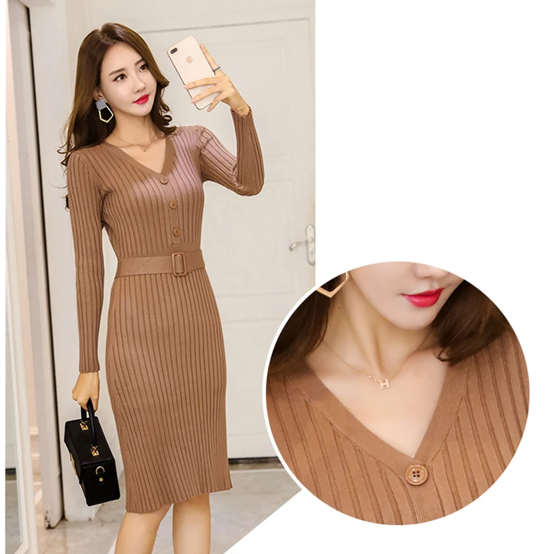 

V-neck Long sleeve Knitted Sweater Dress New Style Elegant Autumn Winter Women Plus size Casual Bottoming Long Dresses OK703