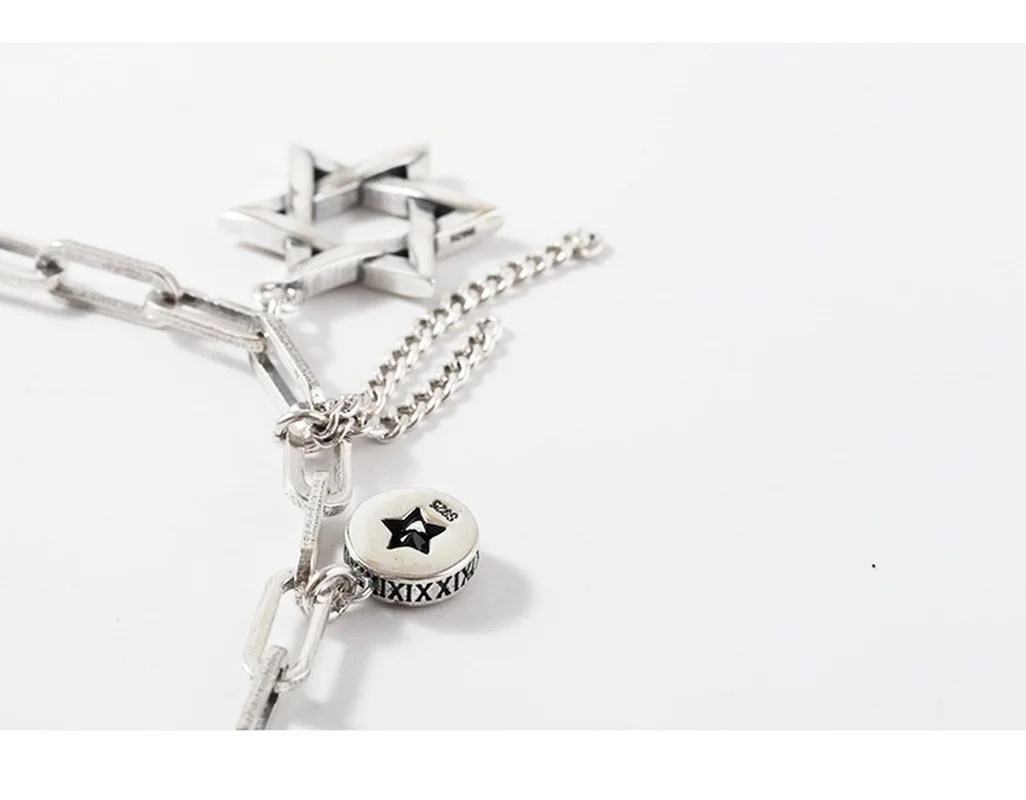 

POPACC 925 Sterling Silver Star Thick Chain Necklace For Woomen Girl Vintage Handmade Thai Silver Hip Hop Party Jewelry