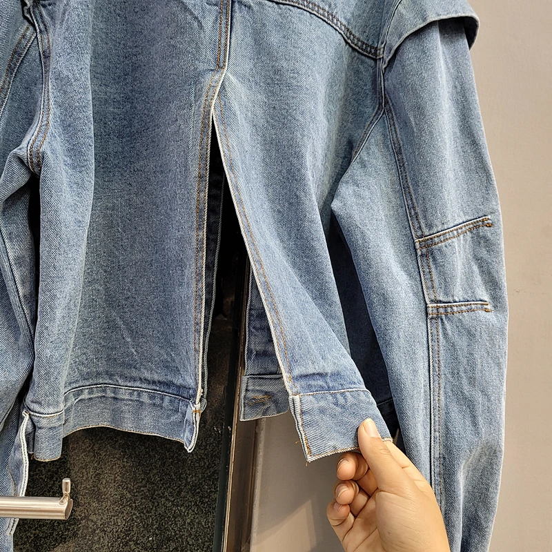

European 2021 New Fashion Three-dimensional Short Denim Jacket Women's Loose Back Split Blue Jeans Coats Outwear