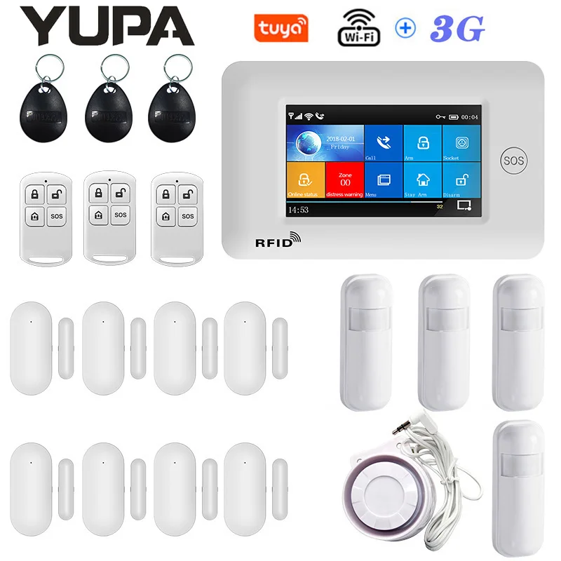 4.3 Inch Touch Panel WIFI 3G GSM Wireless Burglar Home Security Alarm System With Motion Sensor TUYA App Compatible With Alexa