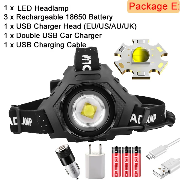 Package E XHP70 светодиодный налобный фонарь 18650 налобный светильник наибольшая мощность 32 Вт USB налобный фонарь Zoom power Bank 7800 мАч алюминиевый походный рыболовный светильник - Испускаемый цвет: Package E