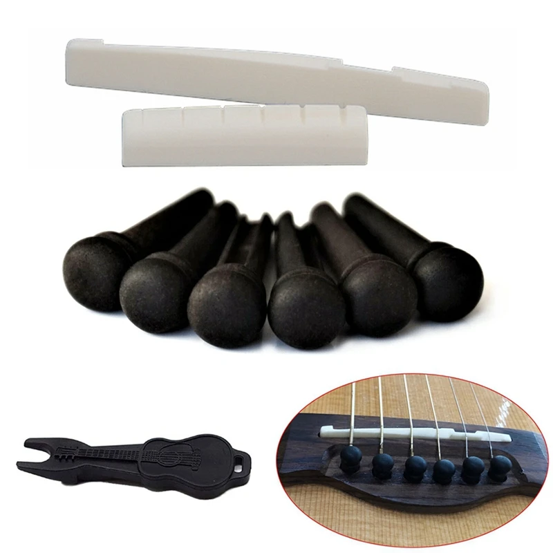 

New Guitar Bone Bridge Saddle & Nut and 6Pcs Ebony Guitar Bridge Pins with Pins Puller Acoustic Guitar Replacement Parts