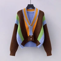 coarse stitch short color matching sweater cardigan jacket female 2021 spring new product korean loose top pullover