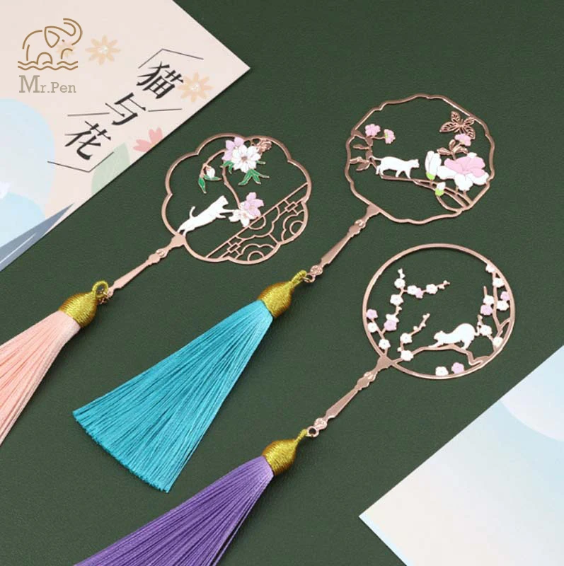 Ретро пустотелый Вишневый веер металлическая Закладка Кот и цветок креативные